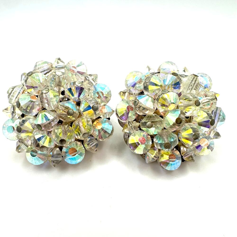 Hobé vintage silver tone aurora borealis glass beaded cluster clip on earrings